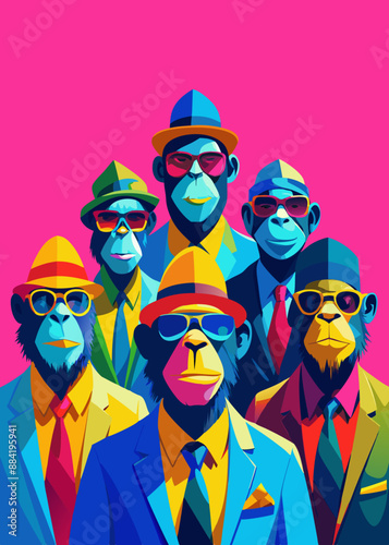 group of apes with thumbs up Ape in a group, vibrant bright fashionable outfits isolated on solid background advertisement, copy text space. birthday party invite photo