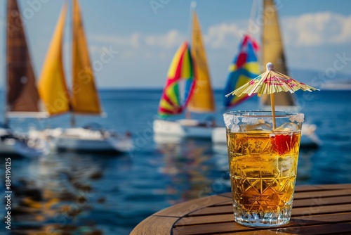 Cocktail with ice and umbrella on the background of the sea. Refreshing drink with ice and straw on the background of yachts. photo