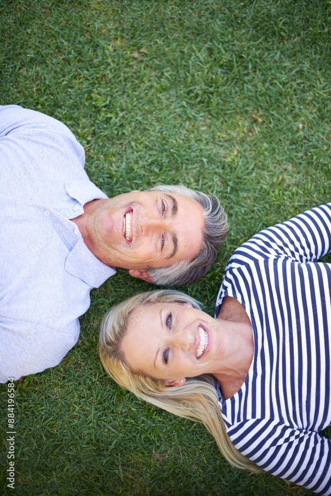 Couple, top and portrait in nature outside, happy and weekend break in summer with love. Romance, trust and support for bonding together on grass, smile and married or mature people in relationship Couple, top and portrait in nature outside, happy and weekend break in summer with love. Romance, trust and support for bonding together on grass, smile and married or mature people in relationship