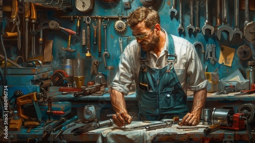 A bearded man in overalls is focused on his task in a cluttered workshop filled with various tools and equipment, working meticulously on a piece of machinery.