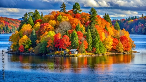 A small island with a cabin in the middle is nestled in a mountain lake, surrounded by trees with vibrant fall foliage, reflecting in the calm blue water. AI