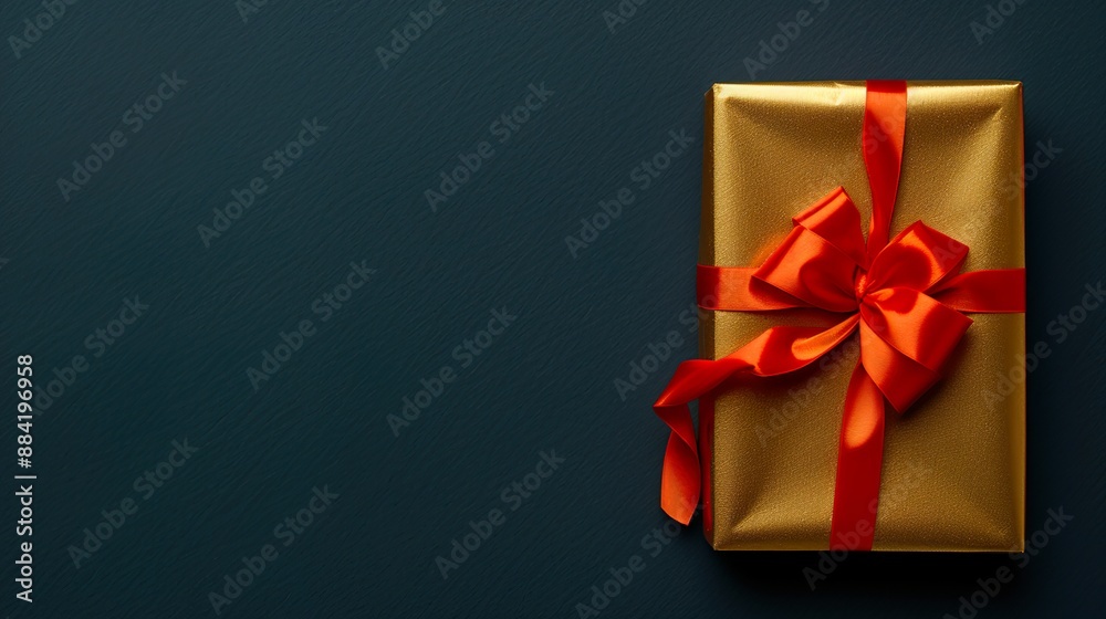 Elegant Gold Gift Box with Red Ribbon and Star Confetti on Dark Background