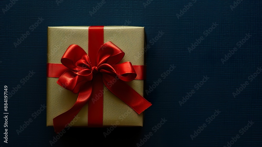 Elegant Gold Gift Box Wrapped with Red Ribbon and Glitter on Dark Background Elegant Gold Gift Box Wrapped with Red Ribbon and Glitter on Dark Background