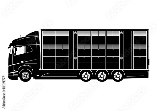 Silhouette of modern 4 axle unit livestock and cattle transport truck. Vector.