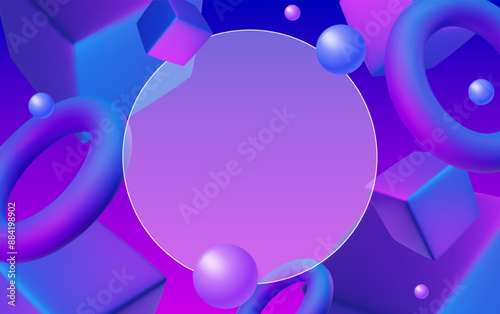 Abstract poster, brochure, flyer design background with cubes, circles, floating balls, toruses and transparent frame