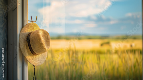 A minimalist view of a farmers hat hanging on a hook with a blurred field through a window