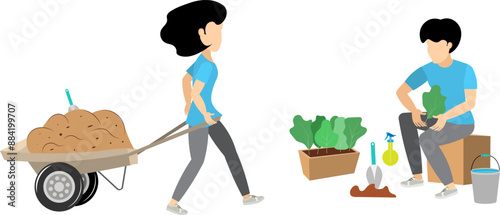 Agricultural workers.  Women plant seedlings in the garden. People take care of the plants and the harvest.