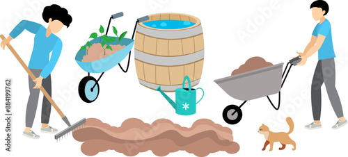 Agricultural workers.  A woman and a man are preparing a bed for planting. People take care of the plants and the harvest.