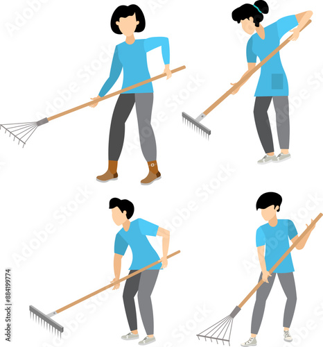 Agricultural workers.  Women and men work with rakes. People take care of the plants and the harvest.