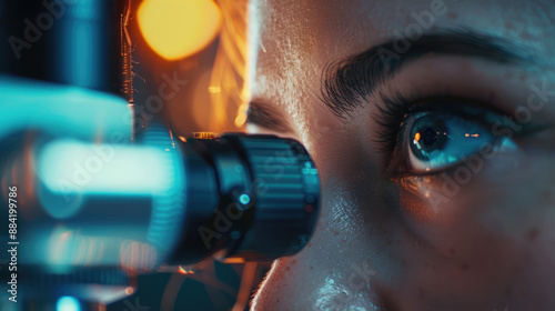 A close-up of a researchers eye looking through a microscope, with a blurred lab in the background
