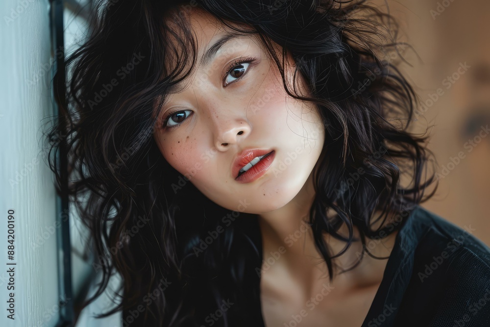 Fototapeta premium Close-up of a beautiful young woman with natural makeup and curly hair, gazing away thoughtfully