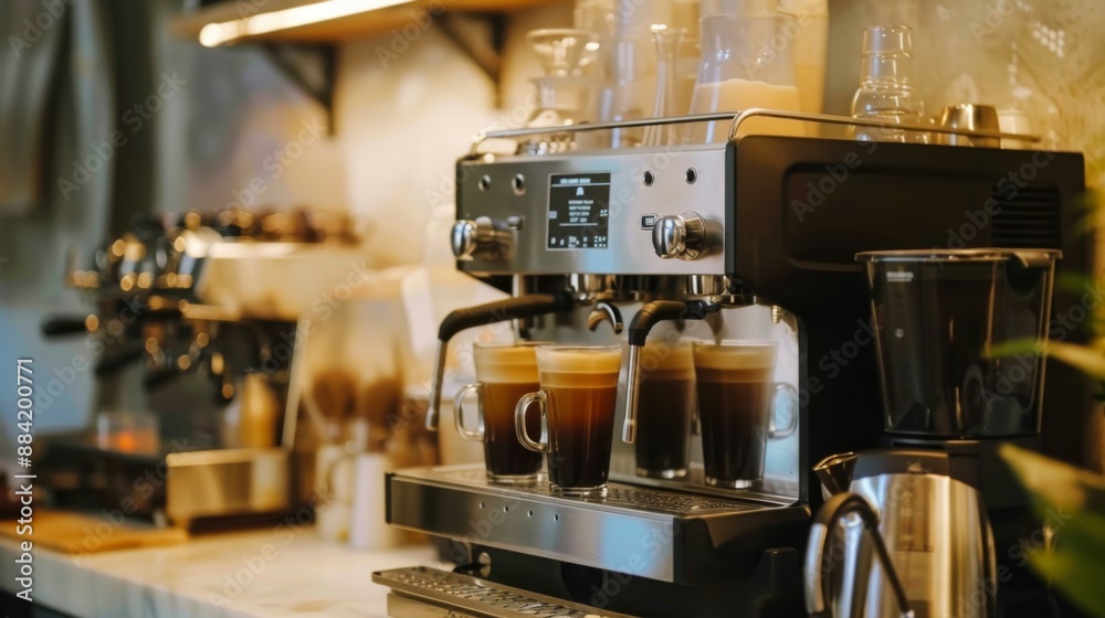 Several coffee machines working simultaneously in a bustling coffee shop, depicting an atmosphere filled with the aroma of freshly brewed coffee and customer interactions. Several coffee machines working simultaneously in a bustling coffee shop, depicting an atmosphere filled with the aroma of freshly brewed coffee and customer interactions.