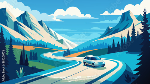 EV (Electric Vehicle) electric car is driving on a winding road that runs through a verdant forest and mountains