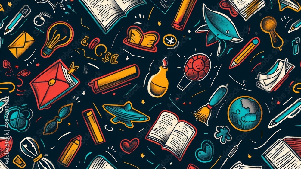 A charming and engaging pattern featuring playful cartoon illustrations of various educational tools and objects, designed to inspire creativity and learning in an entertaining way. A charming and engaging pattern featuring playful cartoon illustrations of various educational tools and objects, designed to inspire creativity and learning in an entertaining way.
