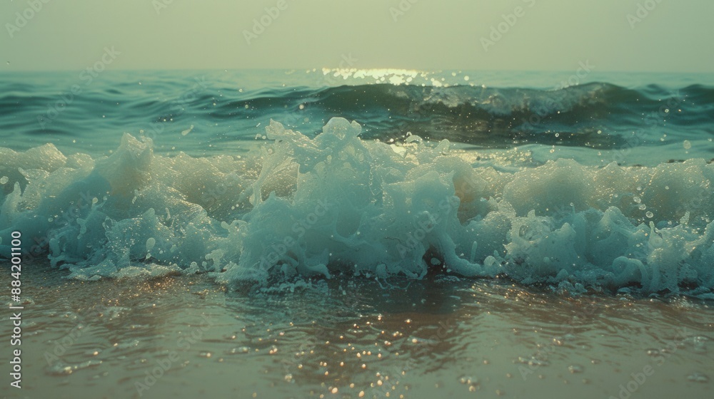 A gentle wave rolling onto a sandy beach at sunset A gentle wave rolling onto a sandy beach at sunset