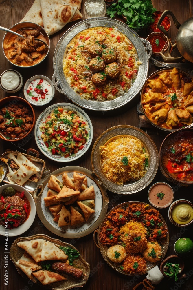 traditional dishes such as biryani, kebabs, samosas, and desserts like baklava and maamoul, traditional dishes such as biryani, kebabs, samosas, and desserts like baklava and maamoul,