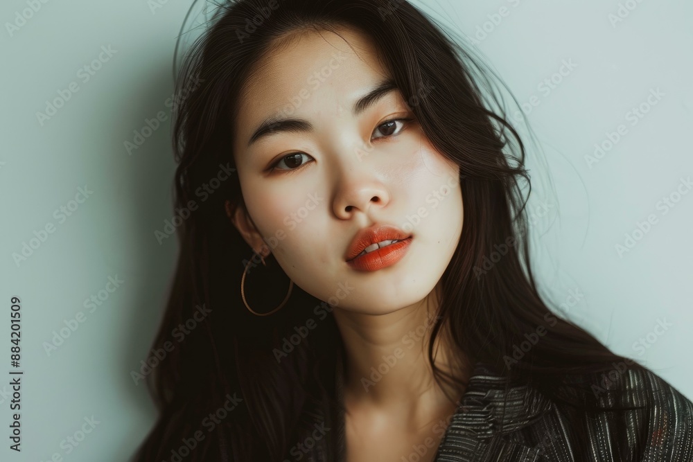 Close-up of an elegant young woman with natural makeup and hoop earrings Close-up of an elegant young woman with natural makeup and hoop earrings