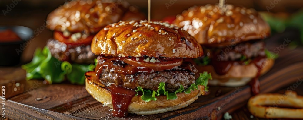 Close-up of gourmet beef burgers with lettuce, tomato, and sauce, served on a wooden board, perfect for food advertisement or restaurant menu. Close-up of gourmet beef burgers with lettuce, tomato, and sauce, served on a wooden board, perfect for food advertisement or restaurant menu.