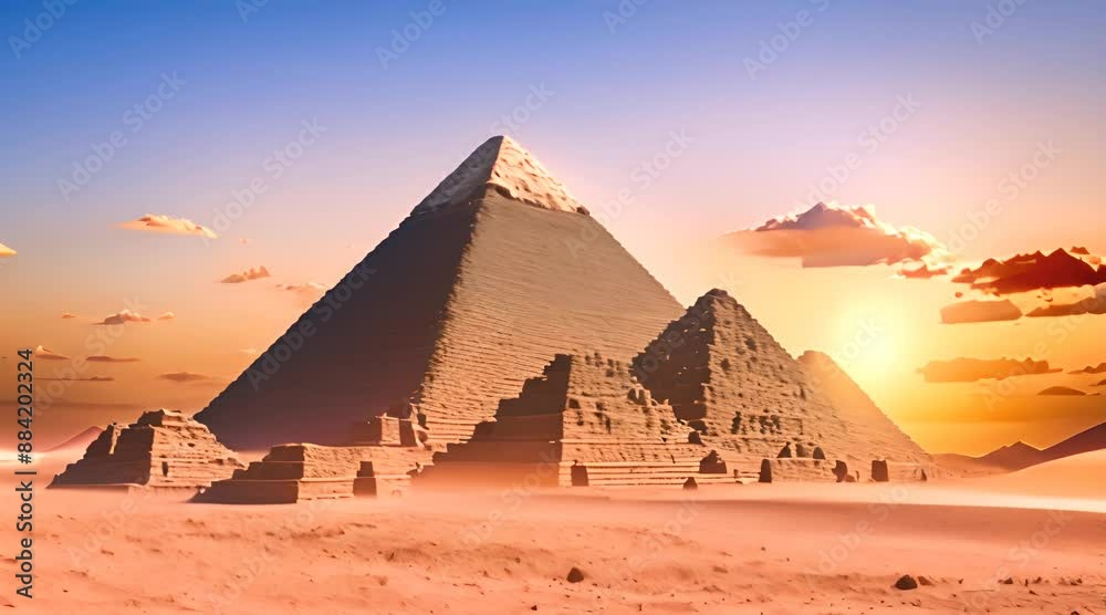 Landscape with ancient Egyptian pyramids beautiful sky and sunset The concept of ancient history 4k animation Landscape with ancient Egyptian pyramids beautiful sky and sunset The concept of ancient history 4k animation