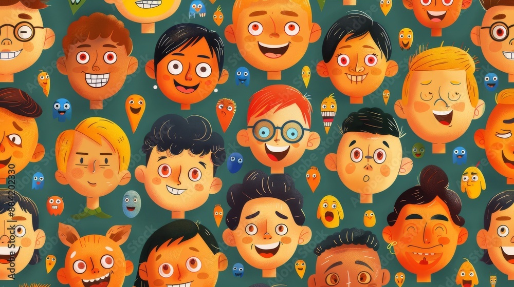 Diverse and Colorful Cartoon Character Faces with Unique Quirks and Funny Expressions Diverse and Colorful Cartoon Character Faces with Unique Quirks and Funny Expressions