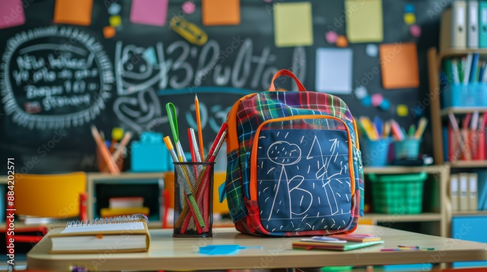 Fototapeta premium A bright colorful backpack with a creative pattern rests on a desk, accompanied by a pencil holder full of pencils, set in an active classroom environment with a decorated chalkboard.