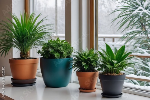 A fragment of the interior with potted indoor plants. Landscaping of the house. The concept of indoor plants and urban jungle.