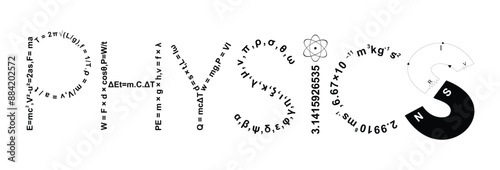 Physics written by formulas and constants, numbers, creative physics art background, text art physics banner