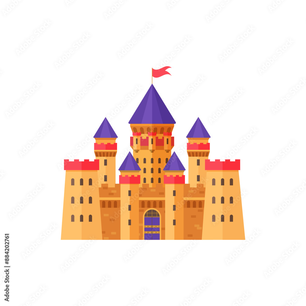 Medieval yellow castle towers of kingdom with red flag, windows and ...