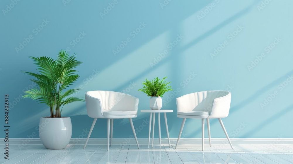 Fototapeta premium Minimalist Living Room Interior Design with White Chairs and Pla
