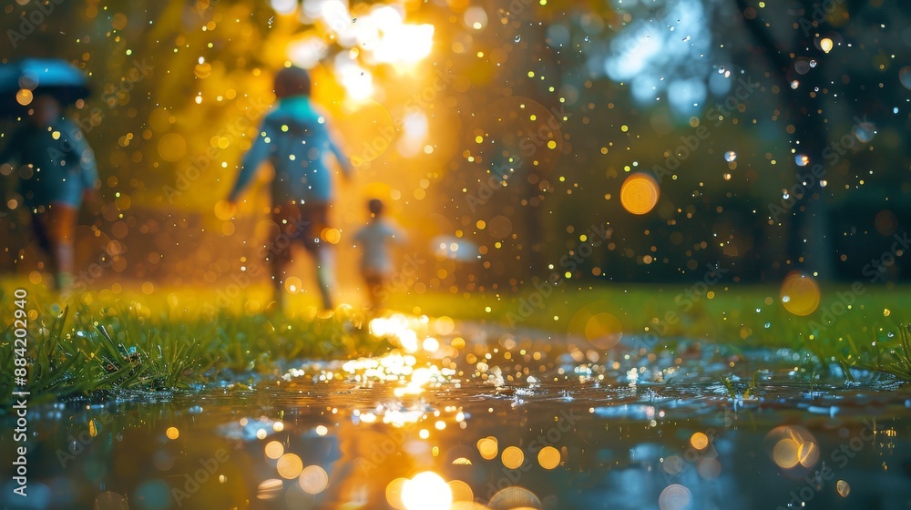 Children running through a park on a rainy day, surrounded by colorful bokeh lights Children running through a park on a rainy day, surrounded by colorful bokeh lights
