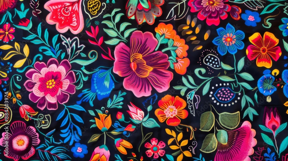 This image features a vivid and diverse floral illustration with elaborate and colorful flowers intricately designed against a dark backdrop, highlighting their vibrancy.