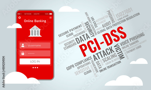 Illustration of secure online banking on smart phone comply with PCIDSS. Ubiquitous banking services on the cloud. Digital transformation on financial industry