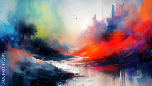 "Urban Elegance: Abstract Painting Featuring Red, Blue, and Orange Cityscape"