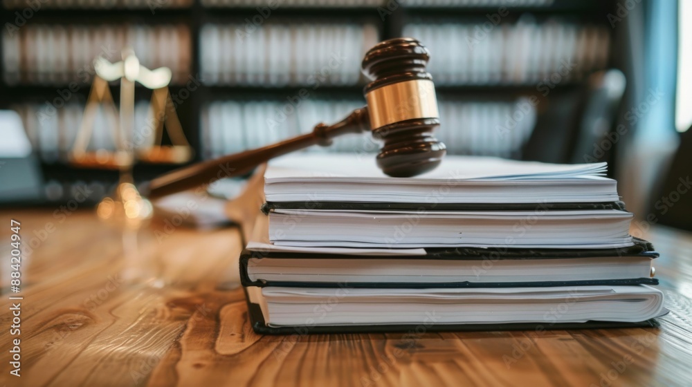 A judge's gavel rests on top of a stack of documents in a law library, symbolizing justice and legal proceedings. The background shows bookshelves filled with law books. A judge's gavel rests on top of a stack of documents in a law library, symbolizing justice and legal proceedings. The background shows bookshelves filled with law books.