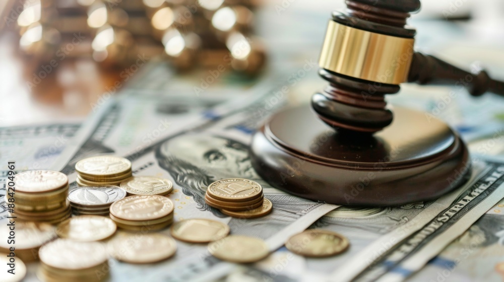 custom made wallpaper toronto digitalA gavel rests on a pile of US dollar bills and coins, symbolizing the connection between legal rulings and financial consequences. The elements represent the intersection of law and finance.