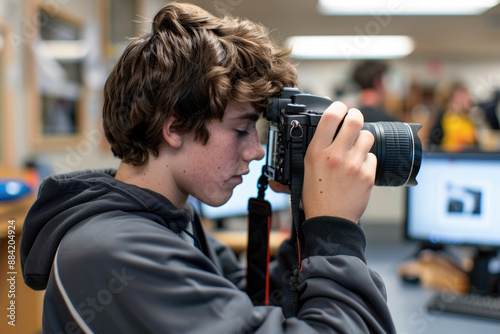 A student adjusting a digital camera for a school photography project