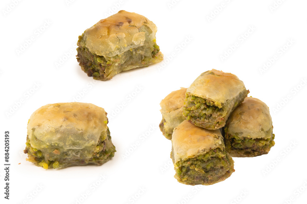 Turkish pistachio baklava isolated on white background. Turkish pistachio baklava isolated on white background.