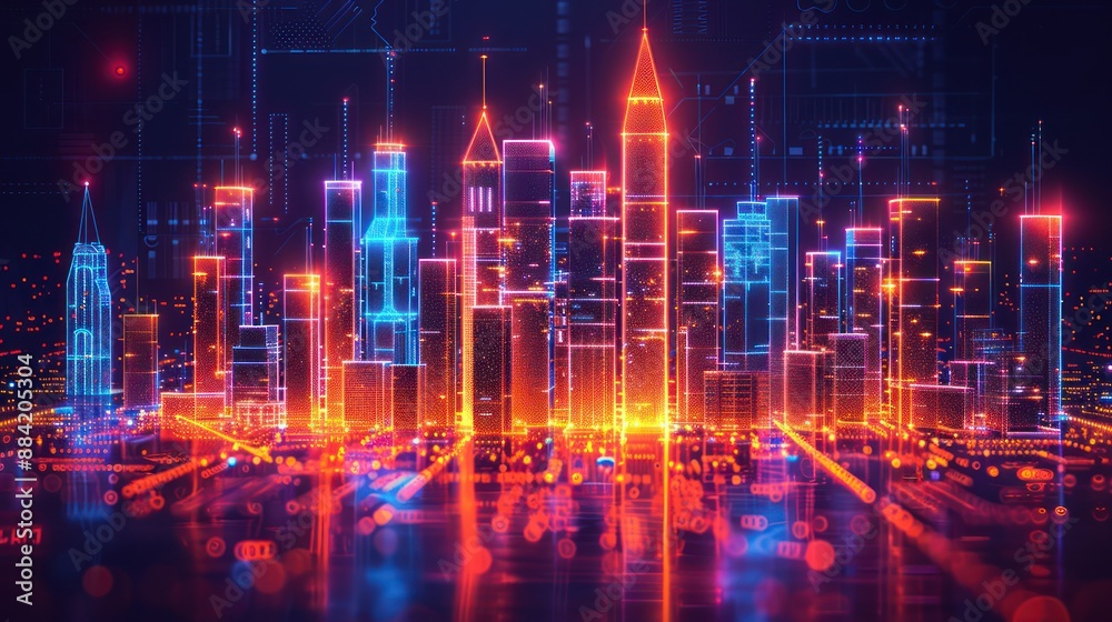 Holograms show cityscapes. Holograms show cityscapes.