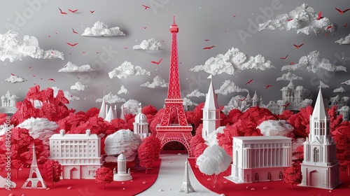 Eiffel Tower and paper buildings dark white and red photo