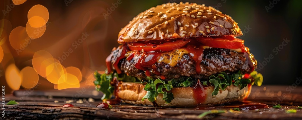 Delicious gourmet burger with fresh beef patty, lettuce, tomato, and cheese, topped with savory sauce and served on a sesame seed bun. Delicious gourmet burger with fresh beef patty, lettuce, tomato, and cheese, topped with savory sauce and served on a sesame seed bun.