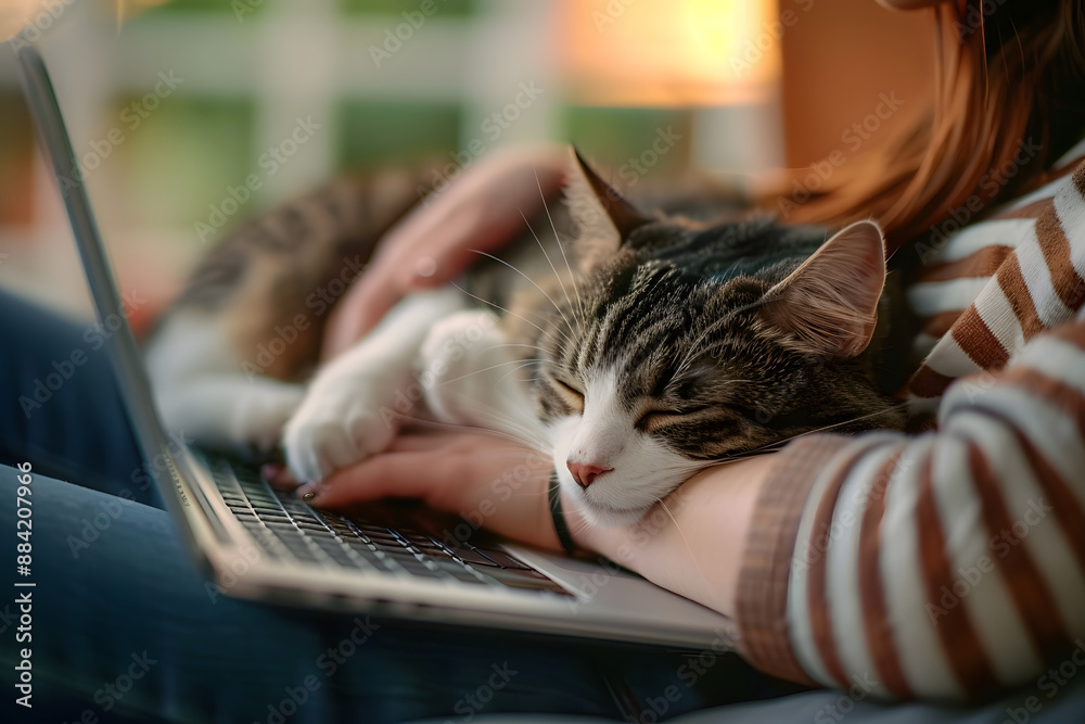 Close-up photo of young woman using laptop and stroking her cat while her cat taking nap next to her in backyard at home Close-up photo of young woman using laptop and stroking her cat while her cat taking nap next to her in backyard at home
