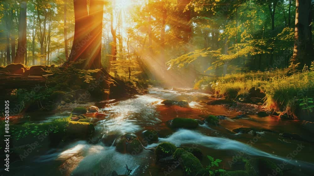 Sunbeams through forest trees illuminate a flowing stream. Sunbeams through forest trees illuminate a flowing stream.