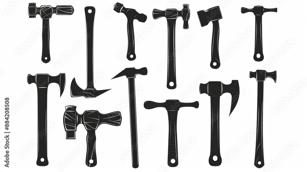 Different hammer silhouettes of various shapes and sizes, organized and aligned in a row, artistically presented against a clean white background, emphasizing tool variety. Different hammer silhouettes of various shapes and sizes, organized and aligned in a row, artistically presented against a clean white background, emphasizing tool variety.