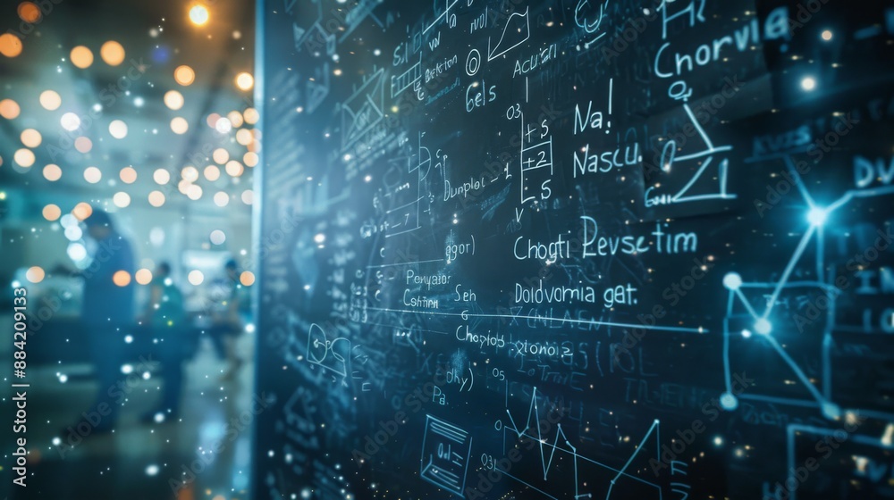 Obraz premium A futuristic setting featuring a chalkboard filled with mathematical equations, chemical formulas, and scientific symbols, illuminated with glowing lights, symbolizing modern scientific exploration.