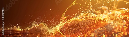 A digital virus breaking through a firewall, visualized as a bright, burning wave crashing against a barrier, Futuristic, 3D Render, Warm tones, Dynamic action photo