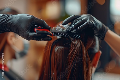 A hairdresser in a beauty salon performing hair care procedures, ensuring client's hair looks healthy and beautiful.