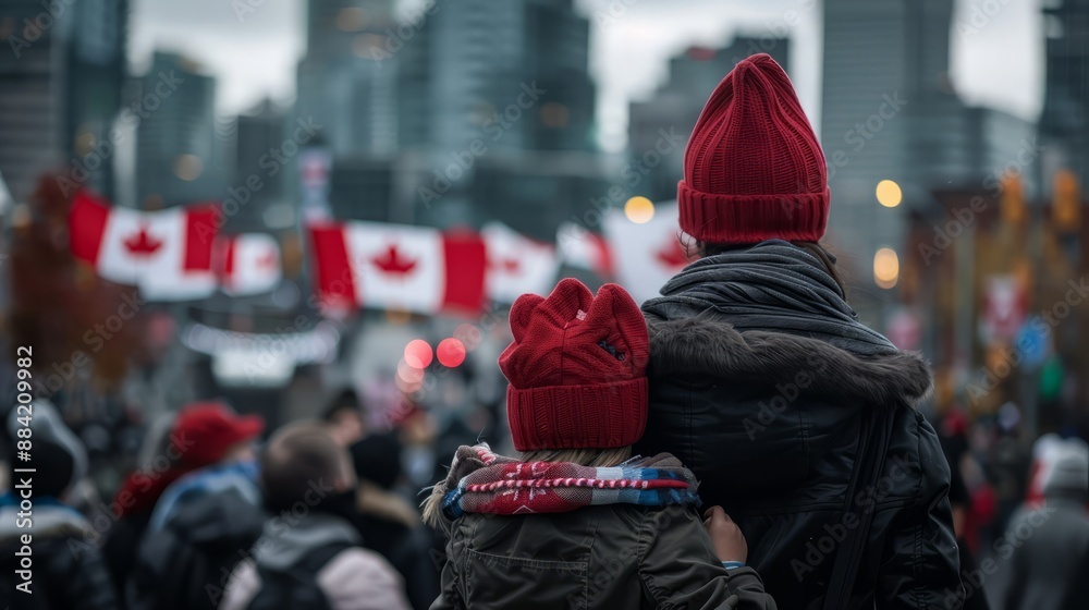 A heartwarming image of a parent and child bundled in red toques, witnessing a vibrant display of Canadian flags against a backdrop of a bustling city. A heartwarming image of a parent and child bundled in red toques, witnessing a vibrant display of Canadian flags against a backdrop of a bustling city.