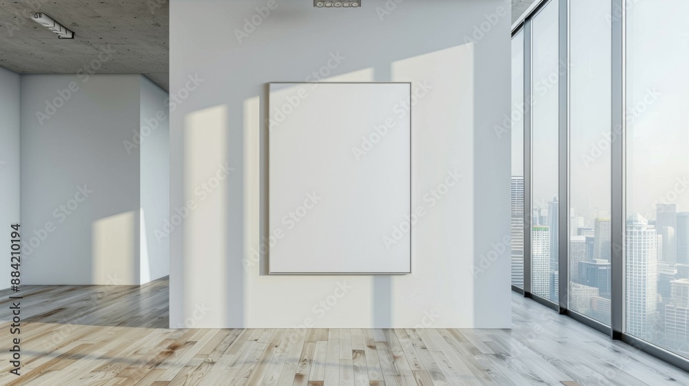 A contemporary office space with a large, vertically hung empty frame on a white wall, showcasing a beautiful view of the city through tall glass windows. A contemporary office space with a large, vertically hung empty frame on a white wall, showcasing a beautiful view of the city through tall glass windows.