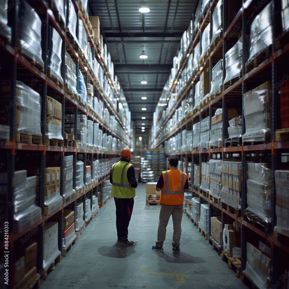Two Workers Walking Down Aisle In Large Warehouse Two Workers Walking Down Aisle In Large Warehouse