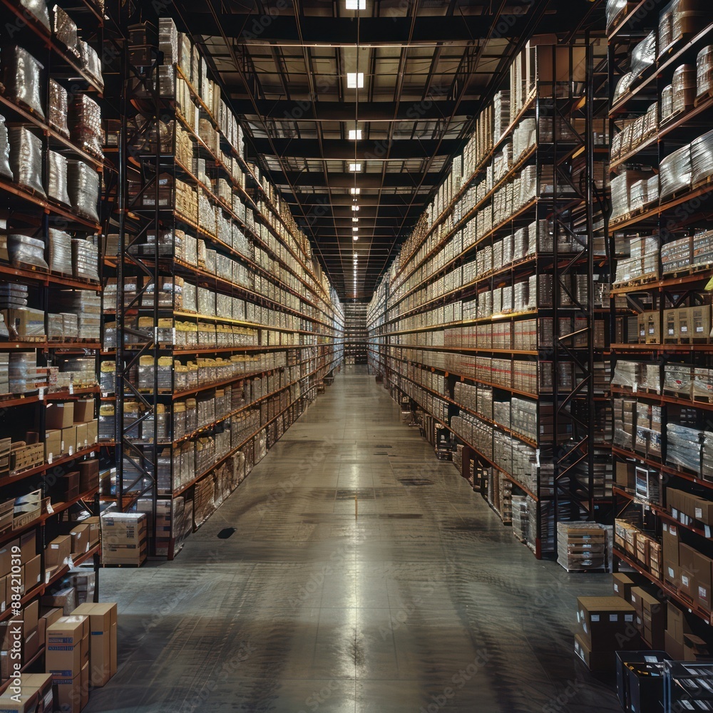 Wide View of an Industrial Warehouse With Rows of Shelving Wide View of an Industrial Warehouse With Rows of Shelving